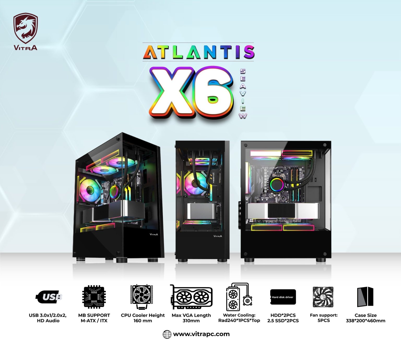 Vỏ Case Vitra Atlantic X6 - LITE (M-ATX/TopRad240/Seaview / Màu Đen) 03 FAN LED RGB